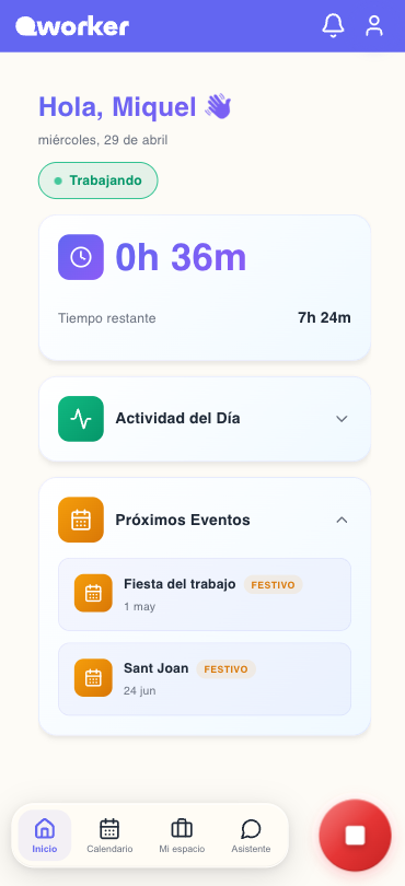 Pantalla de inicio del trabajador en QWorker mostrando jornada en curso